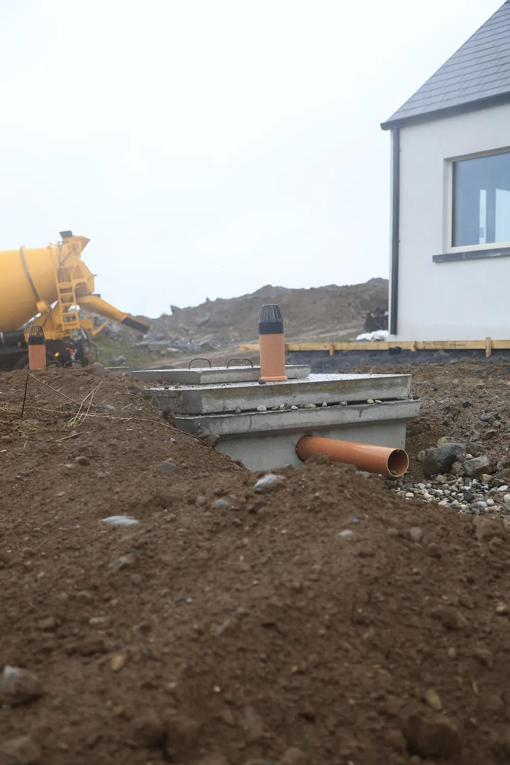 Cleared and levelled soil beside a newly built house