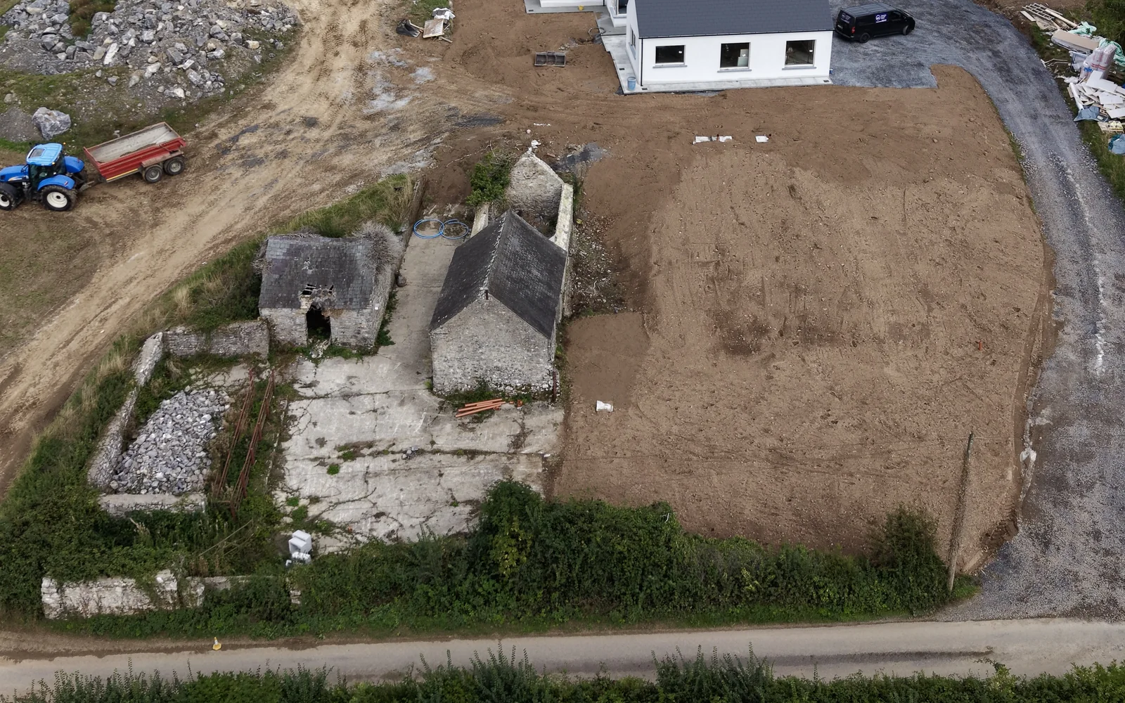 Aerial view of site clearance and ground preparation around a new building in Carlow