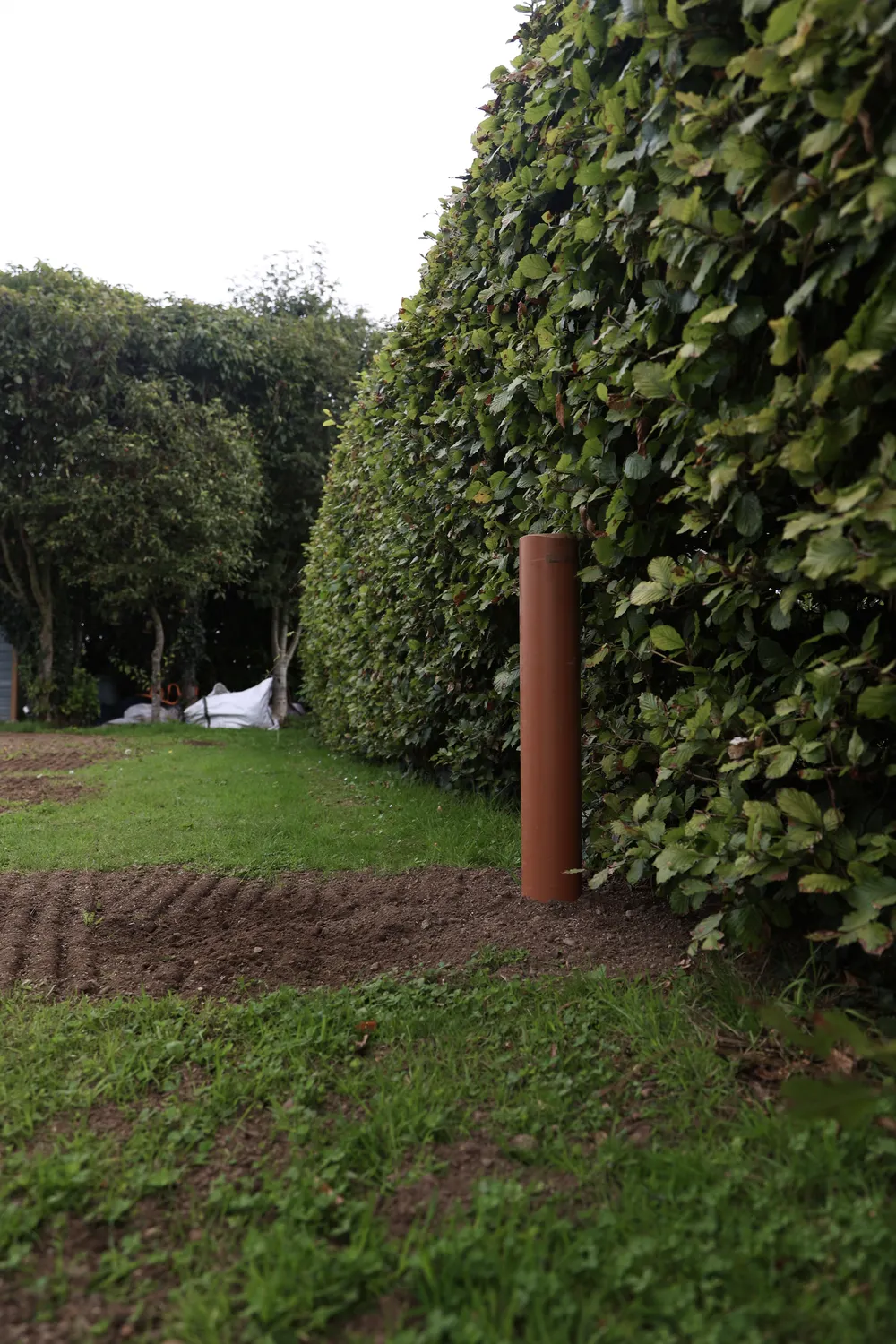 Prepared garden earth with a path leading toward an outbuilding